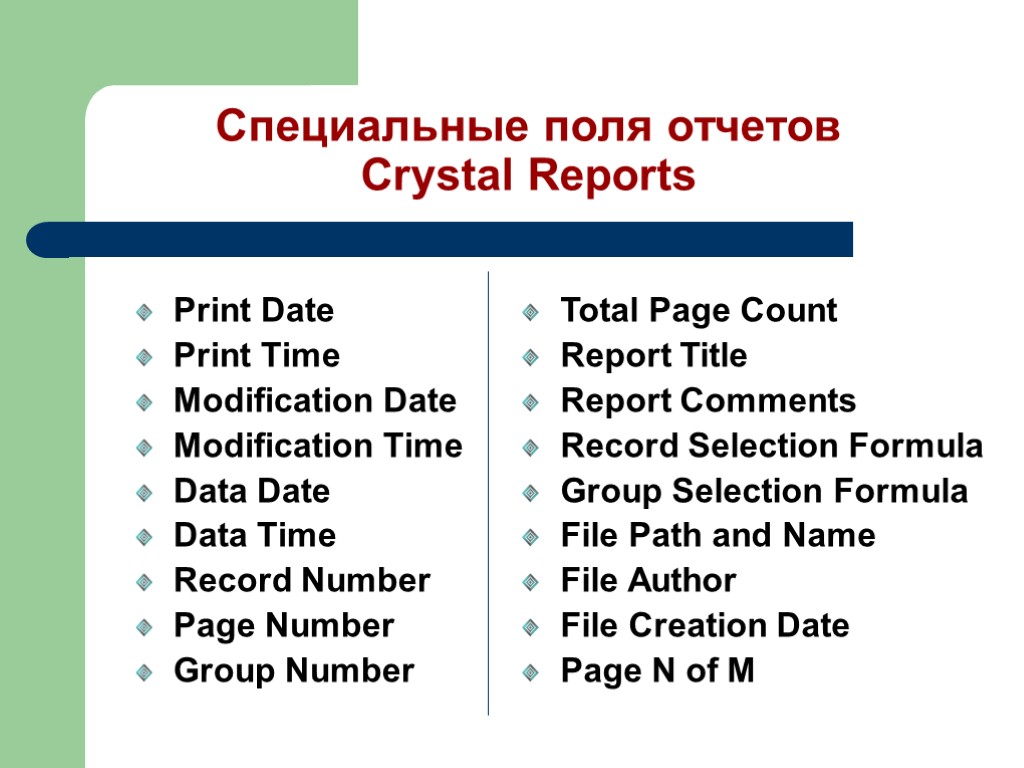 Специальные поля отчетов Crystal Reports Print Date Print Time Modification Date Modification Time Data